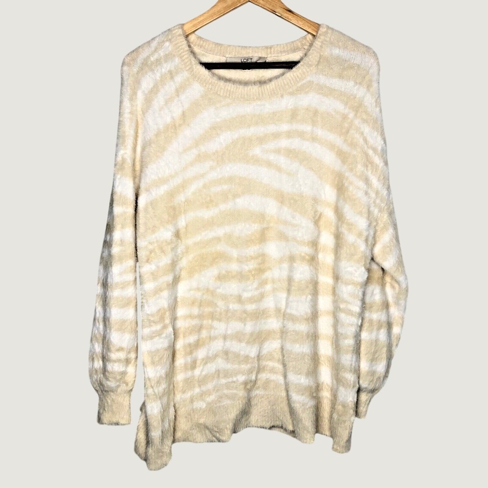 Loft Plus Sweater Womens 16/18 Cream Zebra Animal Print Eyelash Fuzzy Knit W120